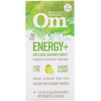 Organic Mushroom Nutrition, エネルギー+、冬虫夏草とイエルバマテ入り、レモンライム、10袋、各0.22 oz (6.4 g)