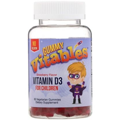 Vitables, 子ども用ビタミンD3グミ、ゼラチン不使用、イチゴ風味、植物性グミ60粒