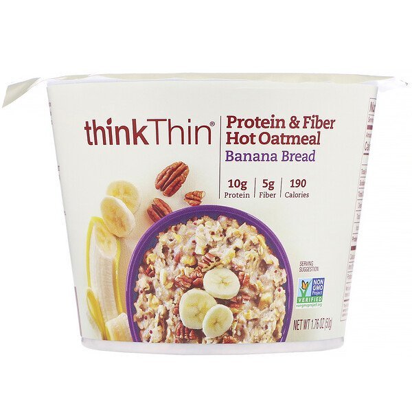 ThinkThin, プロテイン&ファイバーホットオートミール、バナナブレッド、50 g(1.76 oz)