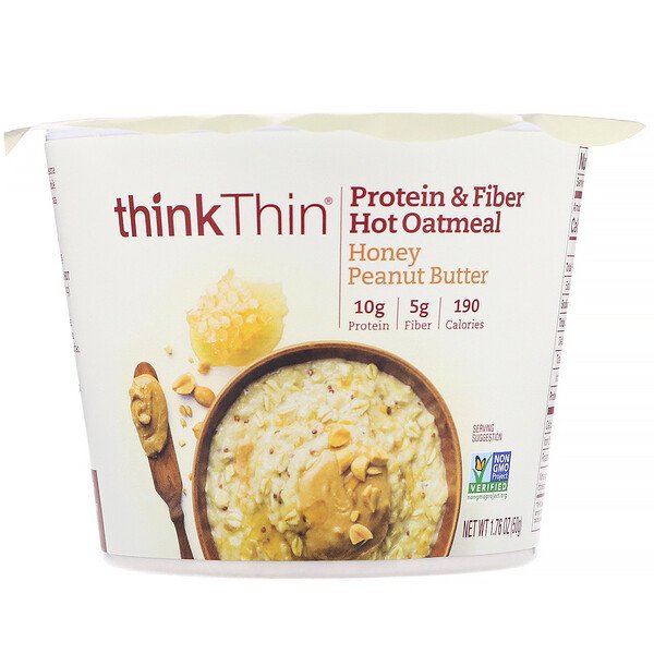 ThinkThin, プロテイン&ファイバーホットオートミール、ハニーピーナッツバター、50 g(1.76 oz)