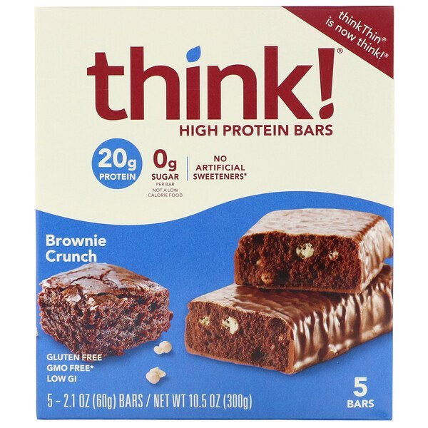 Think !, ハイプロテインバー、ブラウニークランチ、5本、各60 g(2.1 oz)