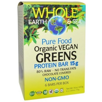 Natural Factors, Whole Earth & Sea（ホールアース＆シー）、ピュアフードオーガニックビーガングリーンズプロテインバー、チョコレートコーティング、6本入、各75g（2.64oz） (Discontinued Item)