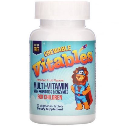 Vitables, プロバイオティクスと酵素入り子ども用チュアブルマルチビタミン、各種フルーツフレーバー、植物性タブレット60粒