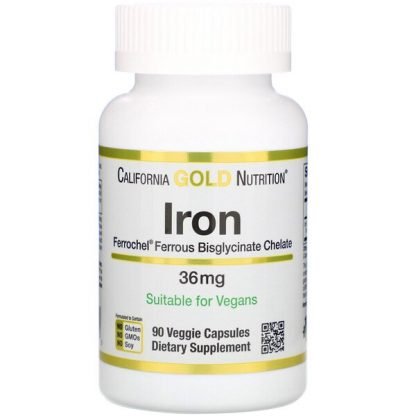 California Gold Nutrition, フェロケル鉄（ビスグリシネート）、36 mg、植物性カプセル90粒