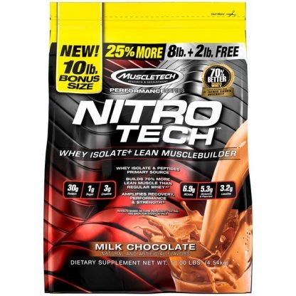 Muscletech, Nitro Tech（ニトロテック）、ホエイペプチド＆アイソレートリーンマッスルビルダーホエイタンパク質粉末、ミルクチョコレート、4.54kg（10ポンド）