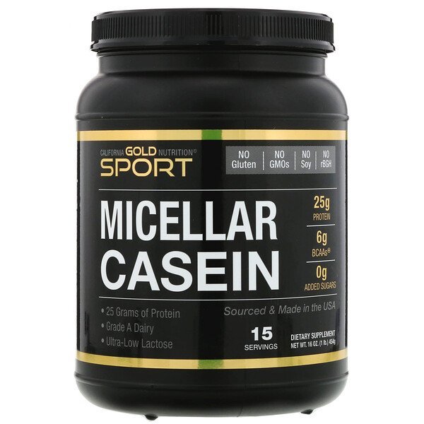 California Gold Nutrition, スポーツ、ミセラーカゼインプロテイン、無香料、88%プロテイン、ゆっくり吸収、消化しやすい、米国アイダホ州産のグレードA乳製品、454 g(16 oz)