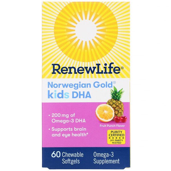 Renew Life, ノルウェジアン・ゴールド, キッズ DHA, フルーツパンチフレーバー, 60 チュワブルソフトジェル