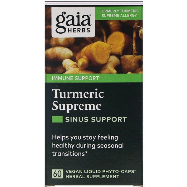 Gaia Herbs, ターメリックスプリーム、サイナスサポート、Phyto-Caps(フィトキャップ)ビーガン液状カプセル60粒