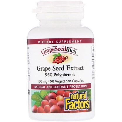 Natural Factors, グレープシードリッチ, グレープシード エキス, 100 mg, 90 ベジカプセル