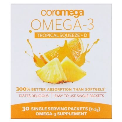 Coromega, オメガ3スクイーズ + ビタミンD、トロピカルオレンジ、個別パック30食分、各2.5 g