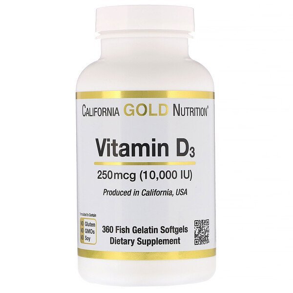 California Gold Nutrition, ビタミンD3、250 mcg(10,000 IU)、魚ゼラチンソフトジェル360粒