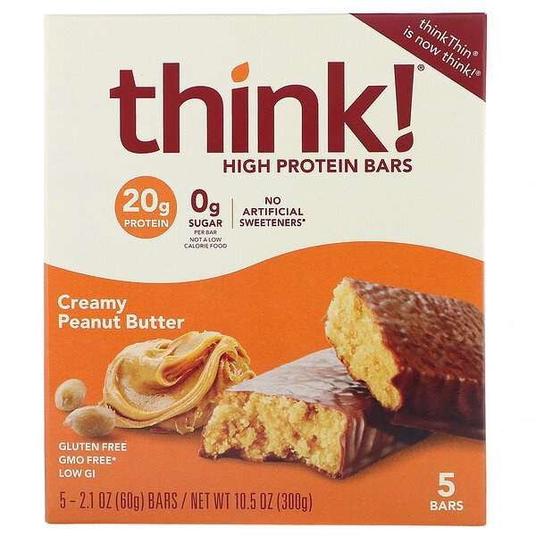 ThinkThin, ハイプロテインバー、クリーミーピーナッツバター、5本、各60 g(2.1 oz)