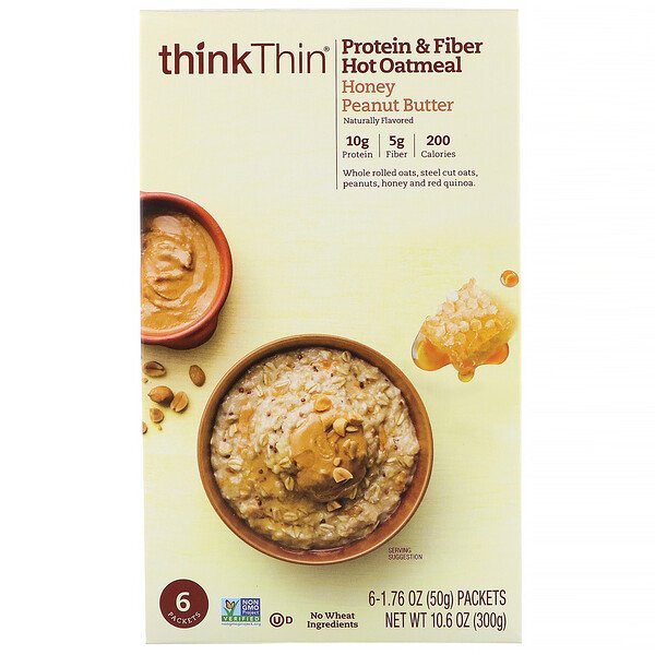 ThinkThin, プロテイン&ファイバーホットオートミール、ハニーピーナッツバター、6袋、各50 g(1.76 oz)