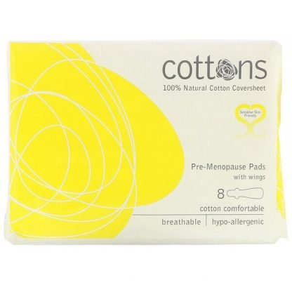Cottons, 100％天然コットンのカバーシート、閉経前用羽付きパッド、8枚