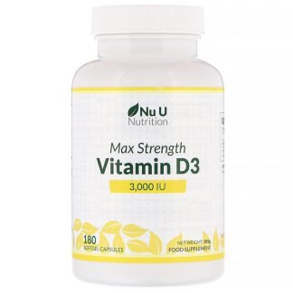 Nu U Nutrition, マックスストレングスビタミンD3、3,000IU、ソフトジェルカプセル180粒