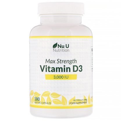 Nu U Nutrition, マックスストレングスビタミンD3、3,000IU、ソフトジェルカプセル180粒