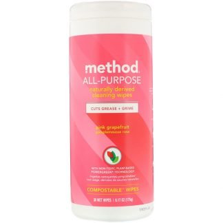 Method, オール・パーポス、天然由来クリーニングワイプ、ピンクグレープフルーツ、ウェットワイプ30枚