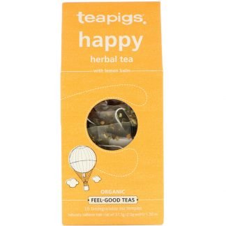 TeaPigs, Happy Herbal Tea with Lemon Balm, Caffeine-Free, 15 Tea Temples, 1.32 oz (37.5 g) (Discontinued Item)
