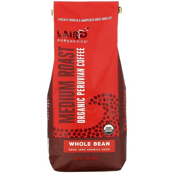 Laird Superfood, Organic Peruvian Coffee, Medium Roast, Whole Bean, 12 oz (340 g)