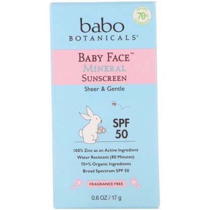 Babo Botanicals, ベビーフェイス、ミネラル日焼け止めスティック、SPF50、0.6 oz (17 g)
