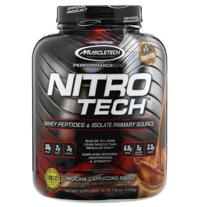 Muscletech, NitroTech（ニトロテック）、ホエイペプチド＆アイソレートプライマリーソース、モカカプチーノスワール、1.81kg（4ポンド）