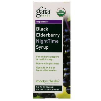 Gaia Herbs, ラピッド リリーフ、ブラックエルダーベリー ナイトタイム シロップ、5.4 fl oz (160 ml)