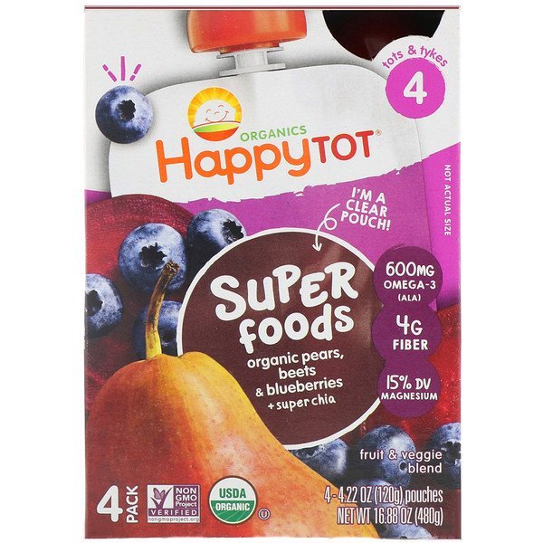Happy Family Organics, Organic Happy Tot, Super Foods, Organic Pears, Beets & Blueberries + Super Chia, Stage 4, 4 Pack, 4.22 oz (120 g) Each