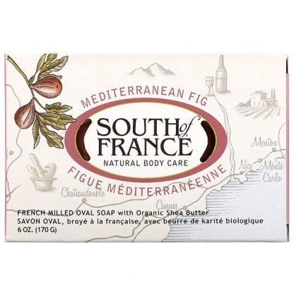 South of France, 地中海のイチジク、機械練りフレンチオーバルソープ（楕円形石鹸）オーガニックシアバター配合のせっけん、6オンス（170 g）