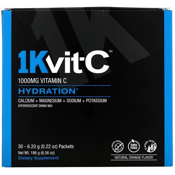 1Kvit-C, ビタミンC、ハイドレーション、発泡性ドリンクミックス、天然オレンジ風味、1,000mg、30袋、各6.20g(0.22オンス)