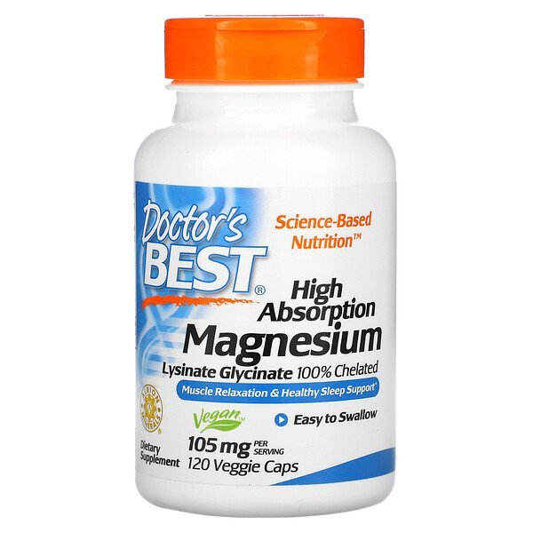 Doctor's Best, High Absorption Magnesium, 100% Chelated with Lysinate Glycinate , 52.5 mg , 120 Veggie Caps