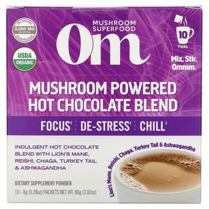 Om Mushrooms, Mushroom Powered Hot Chocolate Blend, 10 Packets, 0.28 oz (8 g) Each