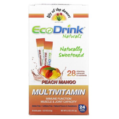 Lily of the Desert, EcoDrinks, Multivitamin Drink Mix, Peach Mango, 24 Stick Packs, 0.22 oz (6.3 g) Each