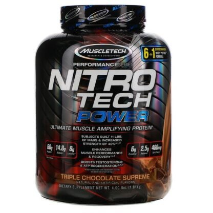 Muscletech, Nitro Tech（ニトロテック）パワー、アルティメットマッスルサポート ホエイプロテインパウダー、トリプルチョコレートスプリーム、1.81kg（4ポンド）
