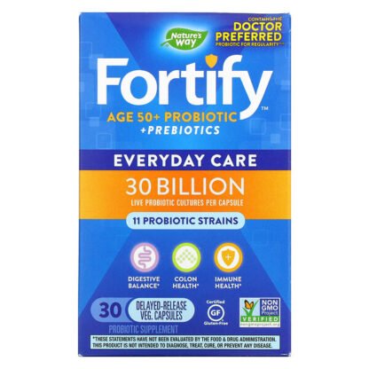 Nature's Way, Fortify, Age 50+ Probiotic + Prebiotics, Everyday Care, 30 Billion CFU, 30 Delayed-Release Ve. Capsules