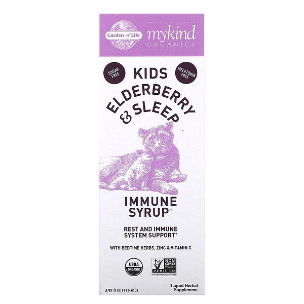 Garden of Life, Mykind Organics, Kids Elderberry & Sleep, Immune Syrup with Bedtime Herbs, Zinc & Vitamin C, 3.92 fl oz ( 116 ml)