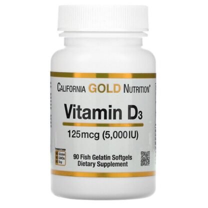 California Gold Nutrition, ビタミンD3、125mcg（5,000IU）、魚ゼラチンソフトジェル90粒