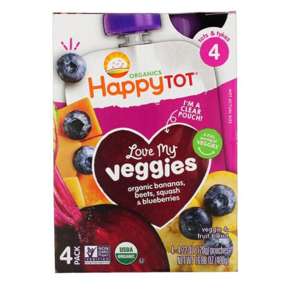 Happy Family Organics, Happy Tot（ハッピートット）、ステージ4、おいしい野菜、オーガニックバナナ、ビート、カボチャ＆ブルーベリー、4袋、各120g（4.22オンス）