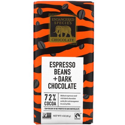 Endangered Species Chocolate, エスプレッソビーンズ＋ダークチョコレート、カカオ72％、85g（3オンス）