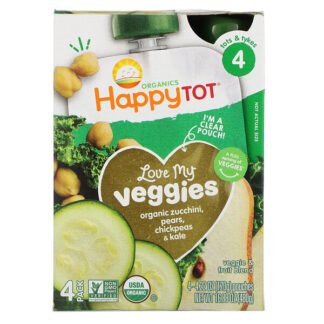 Happy Family Organics, Happy Tot(ハッピートット)、ステージ4、おいしい野菜、オーガニックズッキーニ、梨、ヒヨコ豆&ケール、4袋、各120g(4.22オンス)