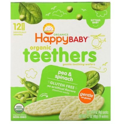 Happy Family Organics, オーガニックティーザー、ジェントルティージングウエハース、お座りができる赤ちゃん用、エンドウ豆とほうれん草、12パック、各4 g