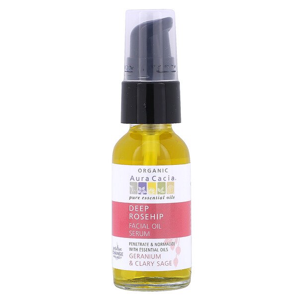 Aura Cacia, オーガニック ディープローズヒップ エッセンシャルズ フェイシャルオイルセラム, ゼラニウム & クラリ―セージ, 1 液量オンス (30 ml)