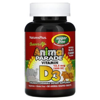 Nature's Plus, Source of Life（ソースオブライフ）、Animal Parade（アニマルパレード）、ビタミンD3、無糖、天然ブラックチェリー味、12.5mcg（500 IU）、動物型タブレット90粒