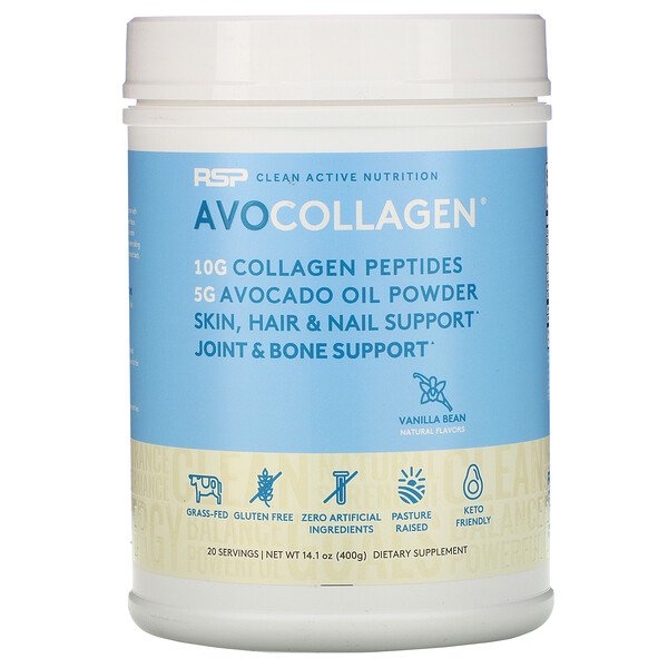 RSP Nutrition, AvoCollagen、コラーゲンペプチド&アボカドオイルパウダー、バニラビーン、400g