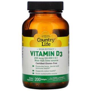 Country Life, 強力ビタミンD3、250mcg（10,000 IU）、ソフトジェル200粒
