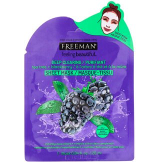 Freeman Beauty, 美しい気分、ディープクレンジング・シートマスク、ティーツリー＋ブラックベリー、1枚