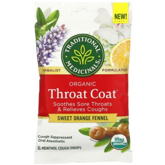 Traditional Medicinals, Organic Throat Coat, Sweet Orange Fennel, 16 Menthol Cough Drops