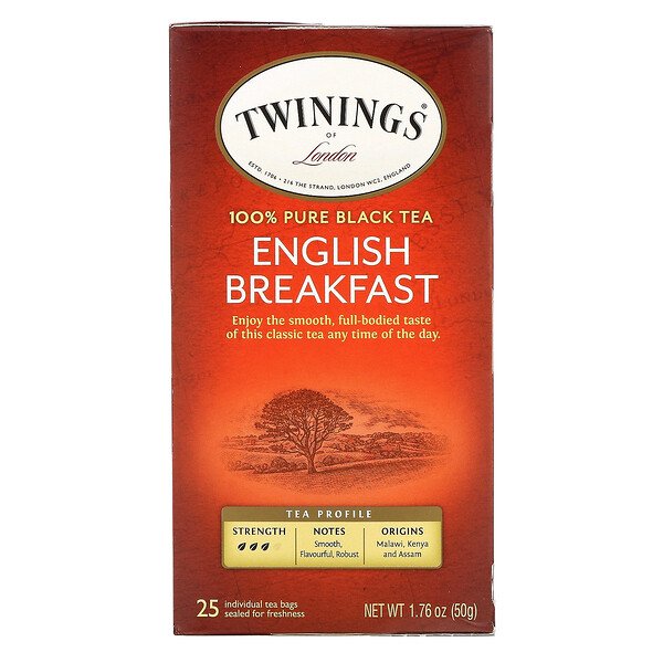 Twinings, イングリッシュブレックファスト紅茶、個包装ティーバッグ25袋、50g(1.76オンス)