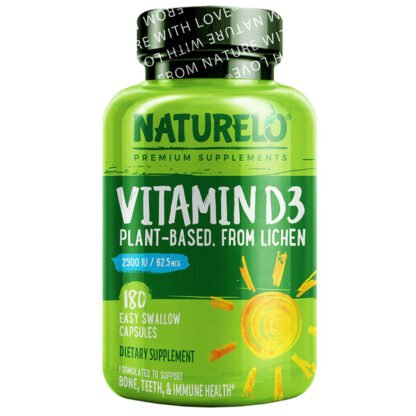 NATURELO, Vitamin D3, Plant-Based From Lichen, 62.5 mcg ( 2,500 IU), 180 Capsules