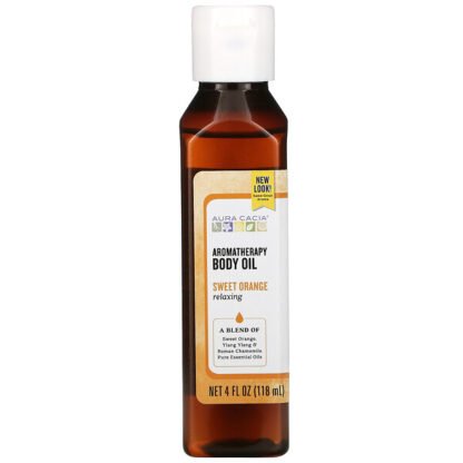 Aura Cacia, アロマテラピー ボディ オイル, リラクシング スイートオレンジ, 4 fl oz (118 ml)