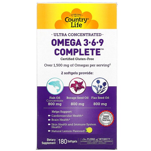 Country Life, Ultra Concentrated Omega 3-6-9 Complete, Natural Lemon, 180 Softgels